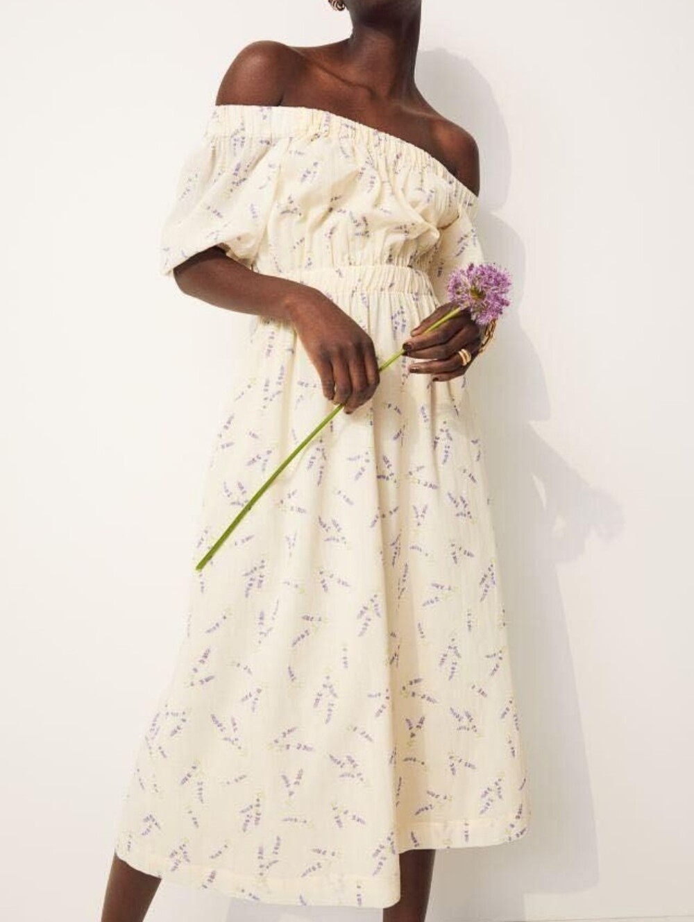 H&M Pale Yellow Maxi Dress with Lavender Sprig Print New Organic Cotton